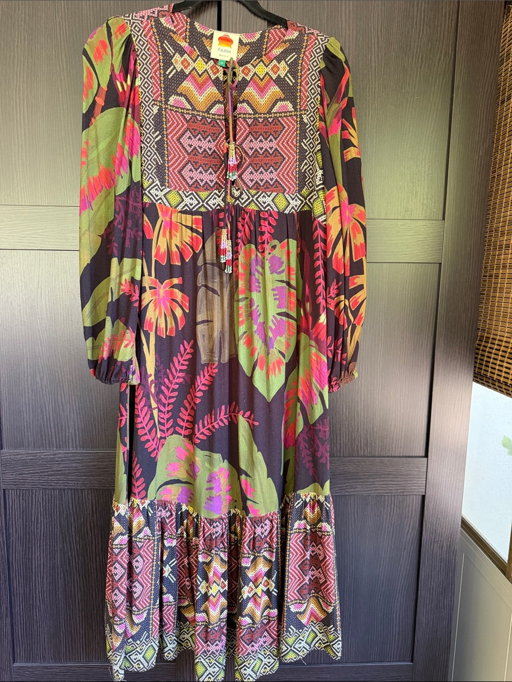 FARM Rio Black Maxi Dress with Pink & Green Tropical Print boho Vibes - Picture 5 of 11